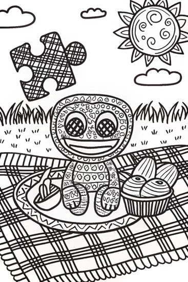 A coloring page of Huggy Wuggy’s Puzzle Picnic Coloring Page