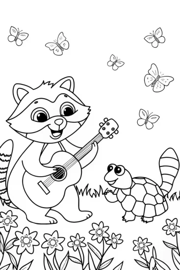 A coloring page of Raccoon and Tortoise Spring Concert Coloring Page