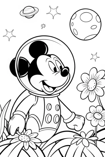A coloring page of Mickey Mouse’s Cosmic Garden Adventure Coloring Page