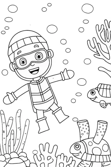 A coloring page of Blippi’s Colorful Underwater Adventure Coloring Page