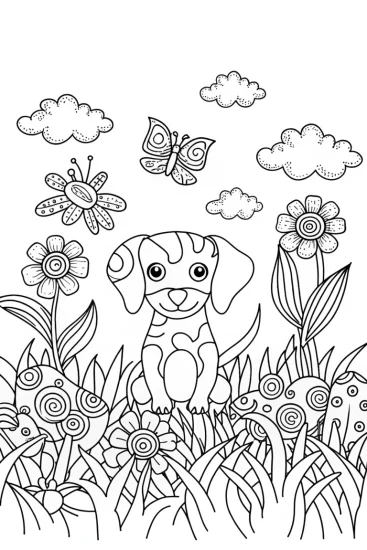 A coloring page of Puppy’s Magical Garden Adventure Coloring Page