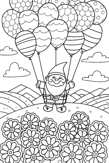 A coloring page of Burt the Gnome’s Balloon Adventure Coloring Page