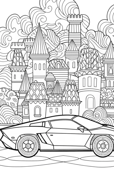 A coloring page of Lamborghini in the Enchanted City Coloring Page