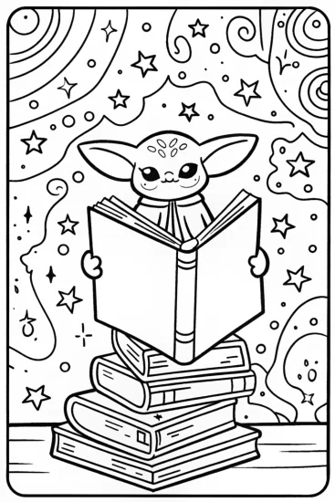 A coloring page of Baby Yoda’s Cosmic Library Adventure Coloring Page