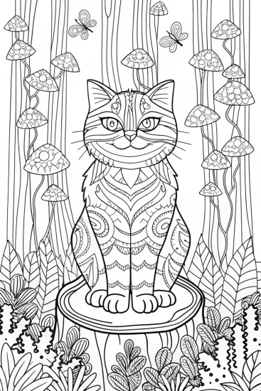 A coloring page of Mystical Cat Guardian of the Forest Coloring Page