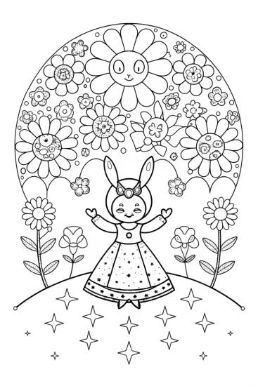 A coloring page of Kuromi’s Cosmic Garden Party Coloring Page