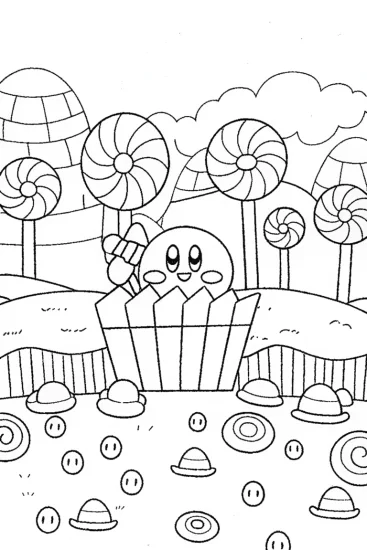 A coloring page of Kirby in the Candy Factory Coloring Page