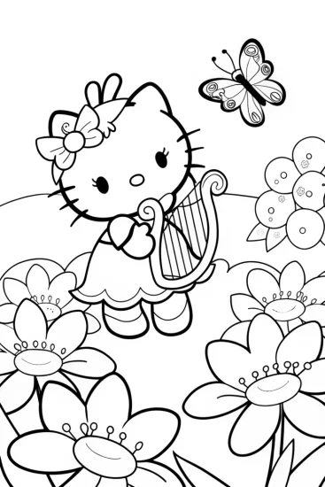 A coloring page of Hello Kitty’s Enchanted Music Garden Coloring Page