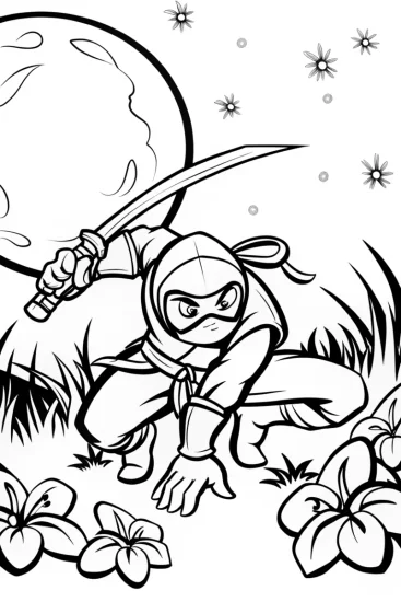 A coloring page of Ninja in the Enchanted Moonlit Meadow Coloring Page