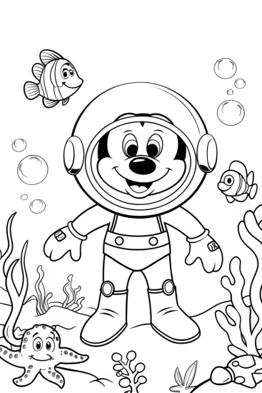 A coloring page of Mickey Mouse Under the Sea Coloring Page