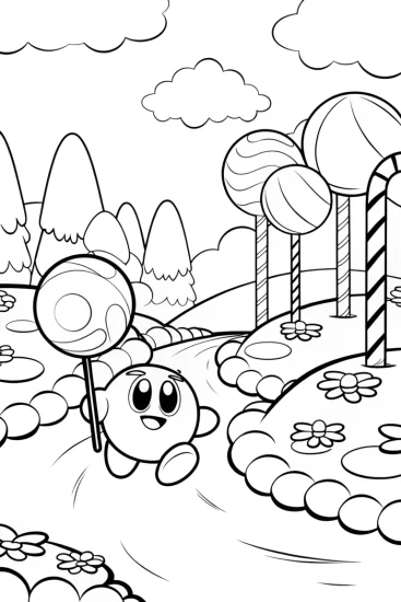 A coloring page of Kirby in a Whimsical Candy Land Coloring Page