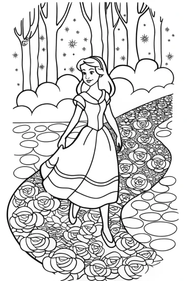 A coloring page of Belle’s Enchanted Rose Petal Path Coloring Page