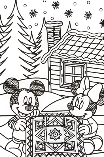 A coloring page of Mickey Mouse’s Christmas Quilt Coloring Page