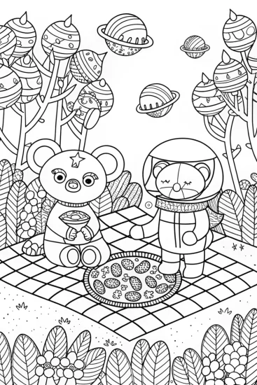 A coloring page of Squishmallow Space Picnic Adventure Coloring Page