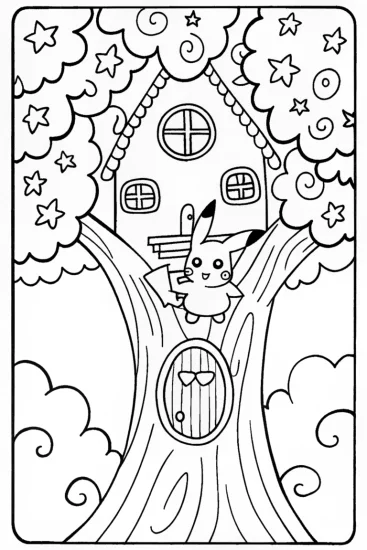 A coloring page of Pikachu’s Electric Treehouse Adventure Coloring Page