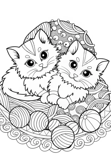 A coloring page of Charming Kittens on a Cozy Quilt Coloring Page