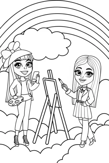 A coloring page of Rainbow High Students in a Dreamy Cloud Studio Coloring Page