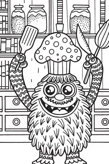 A coloring page of Monster Chef’s Kitchen Chaos Coloring Page