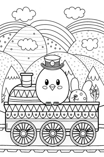A coloring page of Chick’s Adventure on the Train Coloring Page
