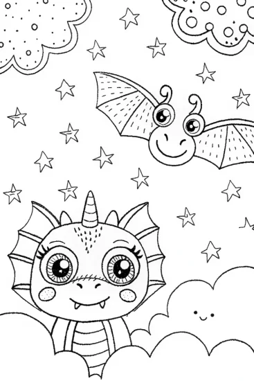 A coloring page of Baby Dragon and Cloud Creature Coloring Page
