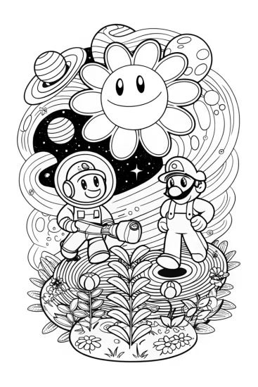 A coloring page of Mario and Luigi’s Galactic Gardening Adventure Coloring Page