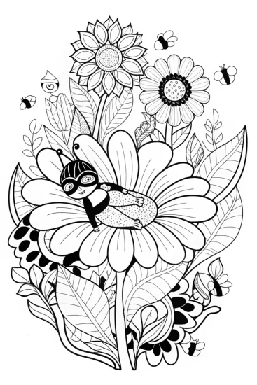 A coloring page of Ninja in the Enchanted Flower Field Coloring Page