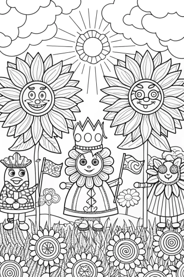 A coloring page of Whimsical Flower Parade Coloring Page