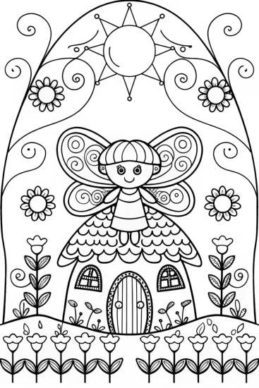 A coloring page of The Fairy Garden Builder Coloring Page