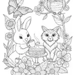 Springtime Tea Party with Rabbit and Fox Coloring Page