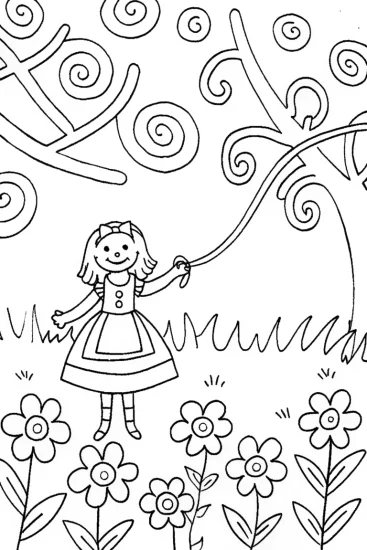 A coloring page of Alice’s Garden of Whimsy Coloring Page