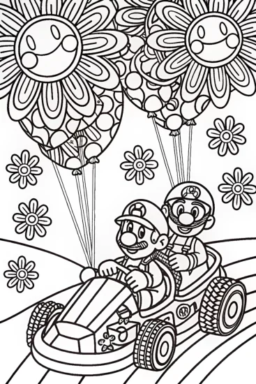 A coloring page of Mario and Luigi Flower Festival Race Coloring Page