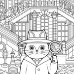 Cat Detective in a Mystery Mansion Coloring Page