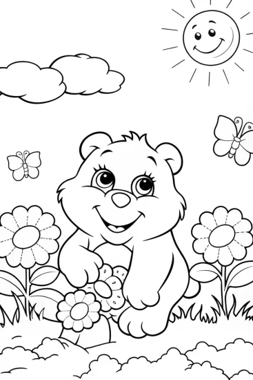 A coloring page of Care Bears in a Colorful Flower Field