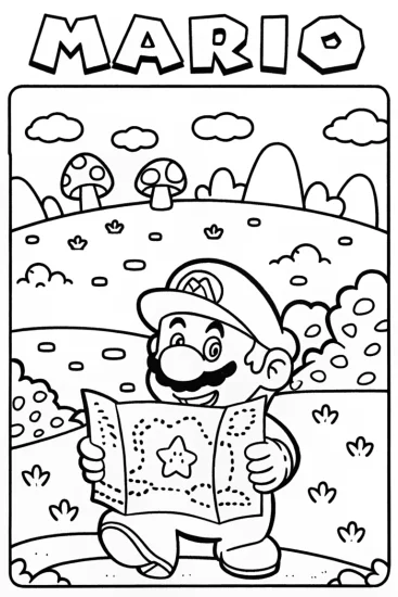 A coloring page of Mario’s Magical Treasure Map Coloring Page