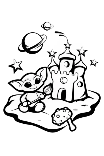 A coloring page of Baby Yoda’s Cosmic Sandcastle Adventure Coloring Page