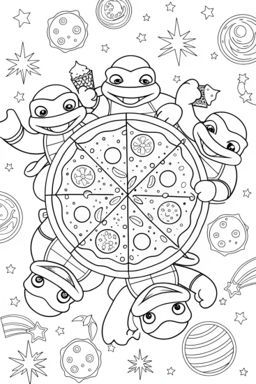 A coloring page of TMNT’ Cosmic Pizza Party