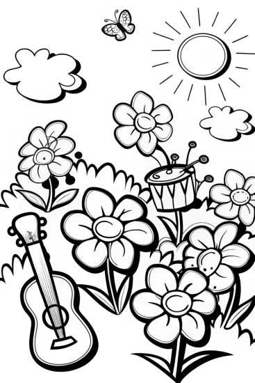 A coloring page of Springtime Harmony: The Musical Garden Coloring Page