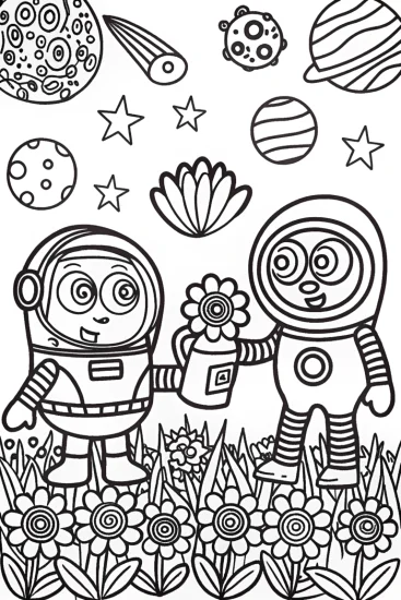 A coloring page of Bluey and Bingo’s Space Garden Adventure Coloring Page