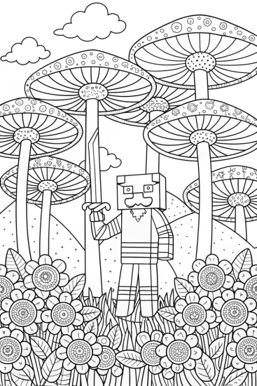 A coloring page of Minecraft Fungi Forest Adventure Coloring Page