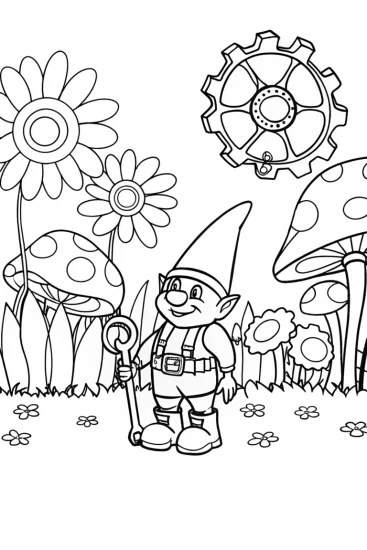 A coloring page of Tinker the Gnome in a Clockwork Garden Coloring Page