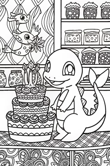 A coloring page of Charmander’s Enchanted Bakery Coloring Page