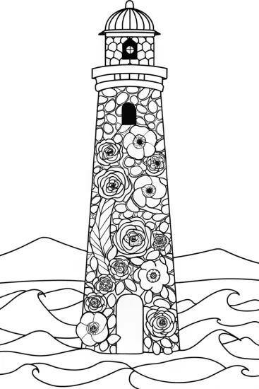A coloring page of Whimsical Flower Lighthouse Coloring Page