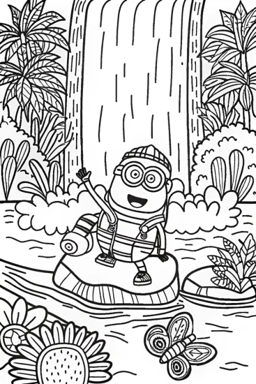 A coloring page of Minion’s Wild Waterfall Adventure Coloring Page