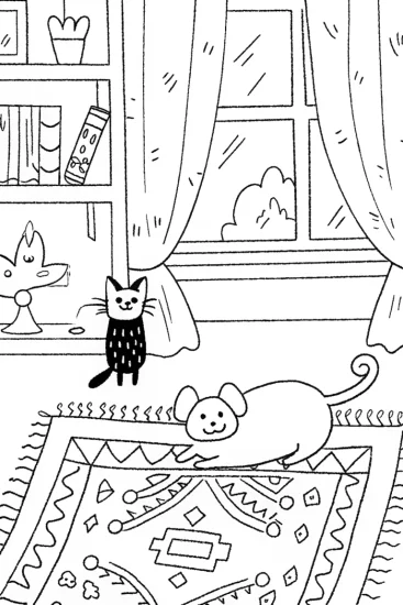A coloring page of The Curious Cat and the Playful Mouse Coloring Page