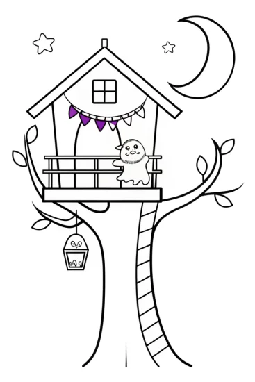 A coloring page of The Enchanted Halloween Treehouse Coloring Page