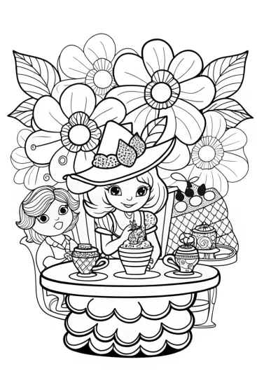 A coloring page of Strawberry Shortcake’s Enchanted Tea Party Coloring Page