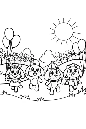 A coloring page of Puppies on parade through the park