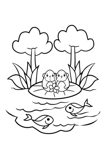 A coloring page of Otters Sharing a Cozy Moment Coloring Page