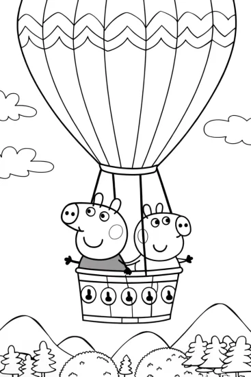 A coloring page of Peppa Pig’s Magical Hot Air Balloon Adventure Coloring Page