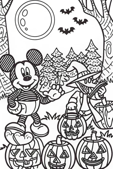A coloring page of Mickey Mouse’s pumpkin patch party